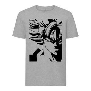 T-SHIRT T-shirt Homme Col Rond Gris Dragon Ball Super Son Goku Super Saiyan Noir et Blanc Anime Manga Japon