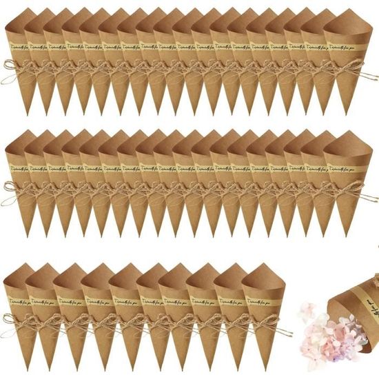 50 Pièces Cônes En Papier De Fête Kraft Papier, Sacs De Confettis De Mariage Avec Ficelle Et Autocollants Pour Assiettes De Fleurs De Bonbons Et Confettiskraft Papier - 6