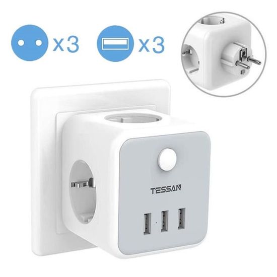 Prise USB Multiple,Multiprise Murale Cube 3 Prises avec 3 USB Secteur,6 en 1 Bloc Multiprises