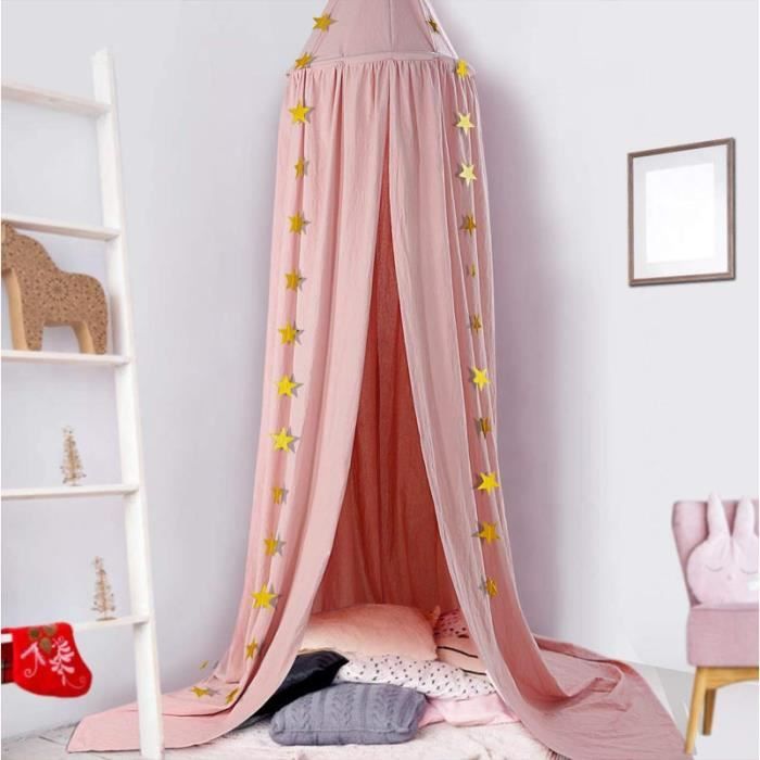 Ciel de Lit Bébé Enfant Tente de Lecture Coton avec Etoile Fille Décoration Chambre à Coucher 240cm*275cm Rose