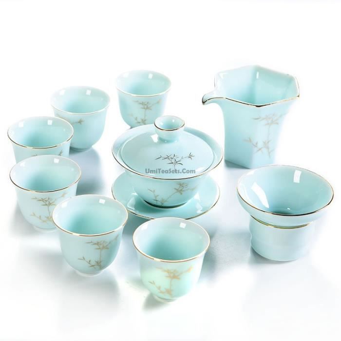 SET DE THÉ CHINOIS BAMBOU PORCELAINE BLEU CIEL