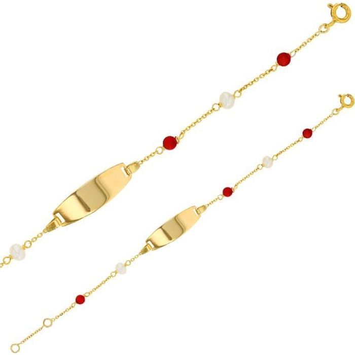 Jouailla - Identité bébé en Or 375-1000 ornée de Perles d'eau douce et de Perles synthétiques couleur corail (398076)