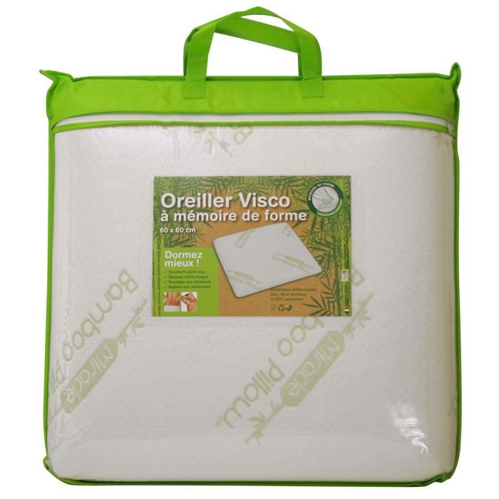 Oreiller ergonomique 60x60 cm - A mémoire de forme - Anti-allergique - Fibre de bambou