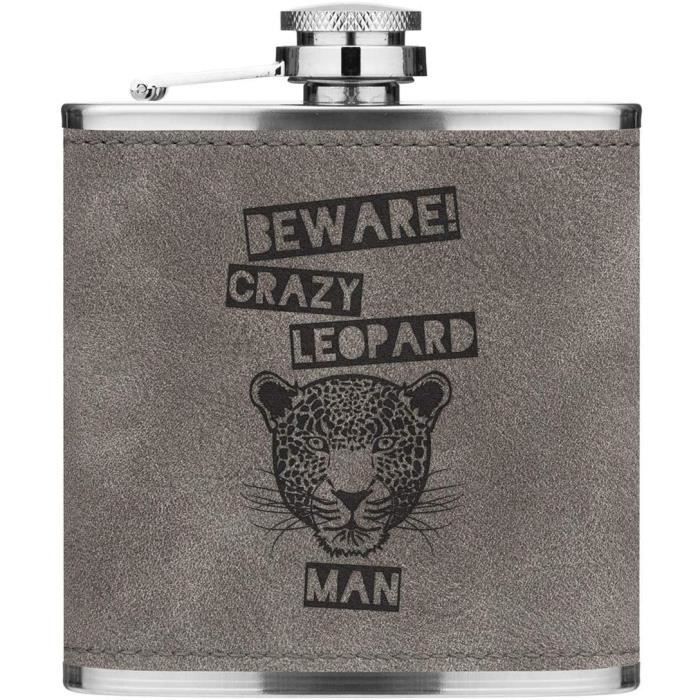Attention Crazy Léopard Homme 170ml Cuir PU Hip Flasque Gris Luxe