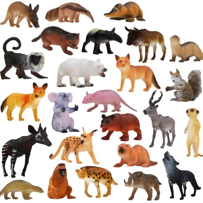 Pack de 25 Figurines Animaux Sauvages réalistes en plastique vinyl (10 cm). Lot de jouets d&rsquoapprentissage jungle et ani