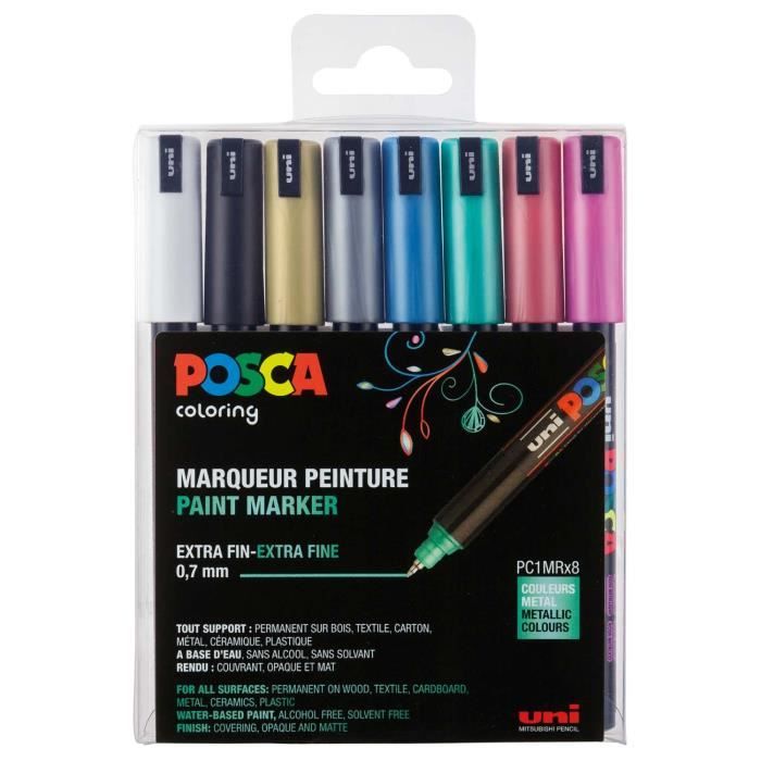 Uni-Ball 181709 – Marqueur Uni Posca avec Pointe calibrée, Lot de 8, métallique