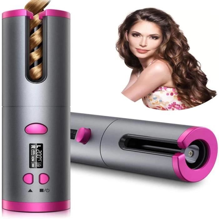 Fer à friser à rotation automatique, affichage de la température réglable, outils de coiffure fer à friser rechargeable par USB,