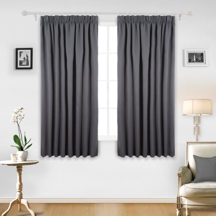 Deconovo Lot de 2 Rideaux Occultants Unis avec Galon Fronceur 140cm x 175cm, Isolant Thermique, Gris Foncé