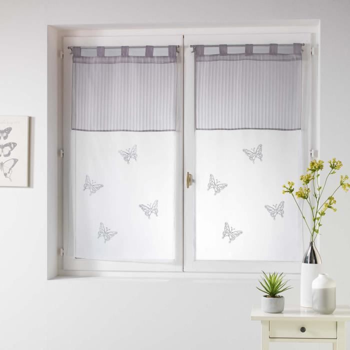 CDaffaires Paire droite passants 2 x 60 x 120 cm voile brode top raye chrysalide Gris