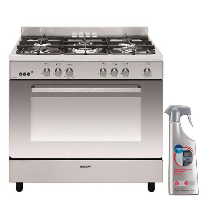 GLEM Cuisinière Piano de cuisson 5 foyers brûleurs gaz inox 90X60cm Four catalyse Gazinière