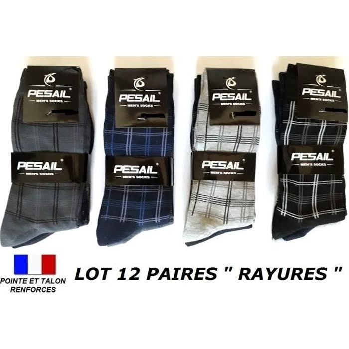 LOT 12 PAIRES DE CHAUSSETTES TAILLE 43 44 45 46 HOMME GARCON RAYURES COTON MAJORITAIRE