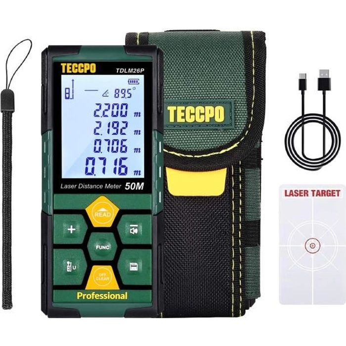 TECCPO Télémètre laser 50m, 30mins Charge rapide, 99 stockage, 2.25'' LCD Écran, mesure Distance, Surface, Volume pour la Décoration