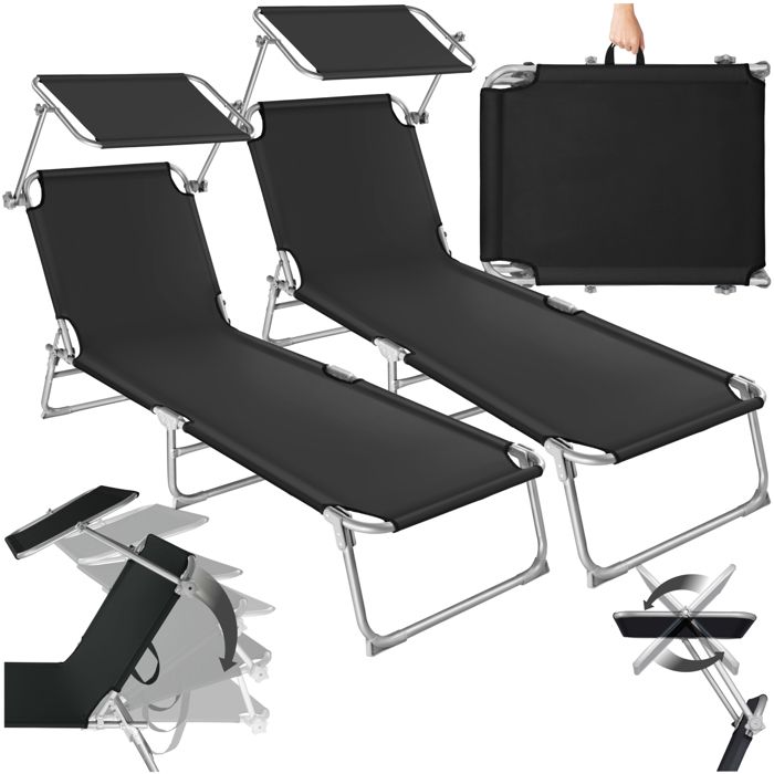 TECTAKE Transat Jardin de Bain Pliant Inclinable avec Pare Soleil en Acier 190 cm Noir x 2