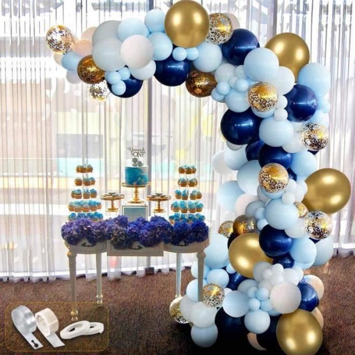 QN35545-94 pcs kit Ballon Guirlande, Ballons Blanc + Ballon bleu + Ballon Transparents et Confettis + Ballons Dorés Métalliques po