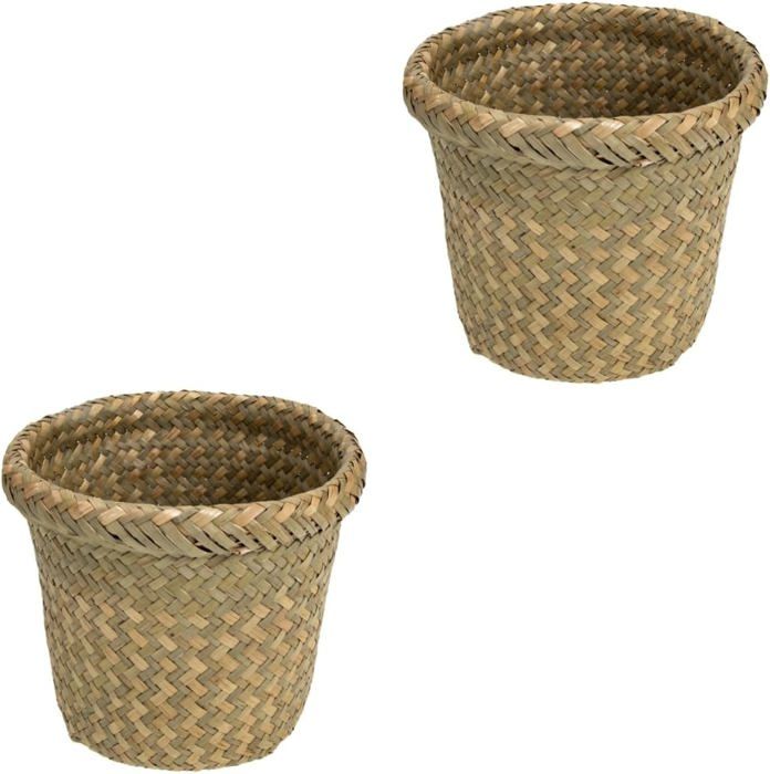 Lot De 2 Poubelles Rondes En Osier De Jacinthe Pour Salle De Bain Ou Bureau - Naturel, Neuf
