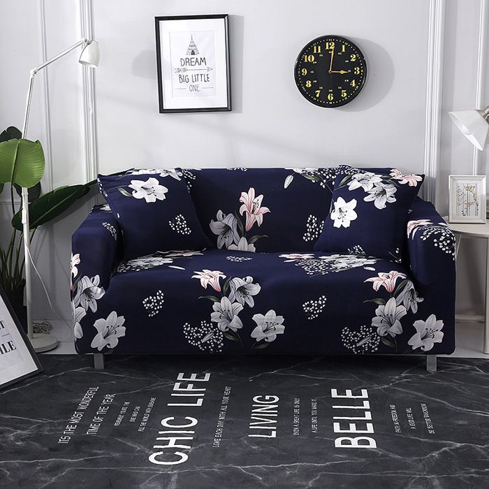 Housse de Canapé Extensible 2 Place Couverture Canapé avec Accoudoirs fleurs bleu foncé[SFT77]