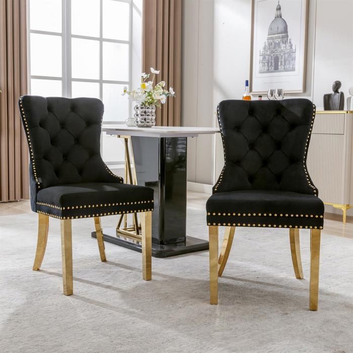 Chaise de salle à manger - Noir/Or - Lot de 2 - Velours - Acier inoxydable plaqué or - Design moderne
