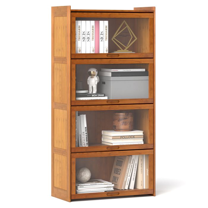GOPLUS Bibliothèque en Bambou à 4 Etagères 69x34x140CM avec Portes en Arclyques-Dispositif Anti-basculementMarron