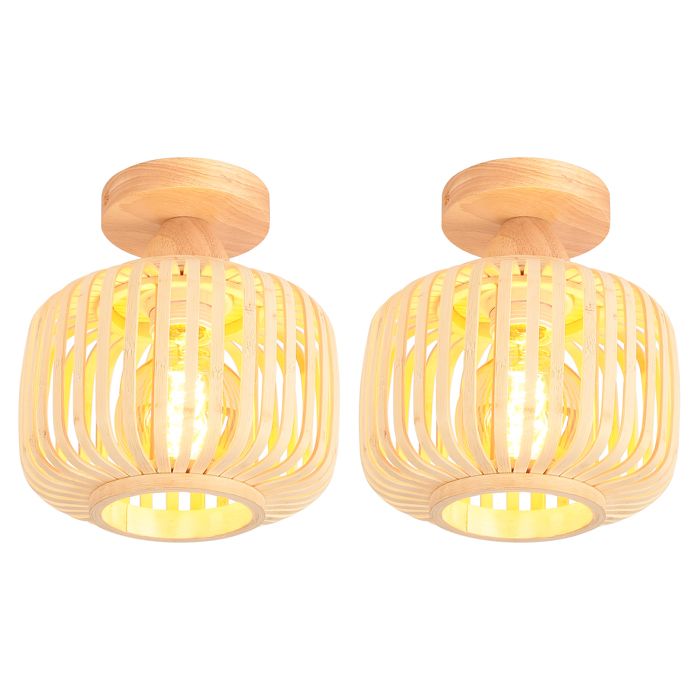 SNOGOLD 2X Plafonnier en Bois et Bambou Industriel E27 Luminaire Abat-Jour en Cage 18cm Lustre Vintage Éclairage pour Chambre