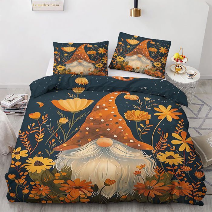 Housse de Couette 140x200 Gnome avec 1 Taie doreiller 65x65 cm -Parure de Lit Imprimée Fleur Vintage Linge de Lit en Microfibre