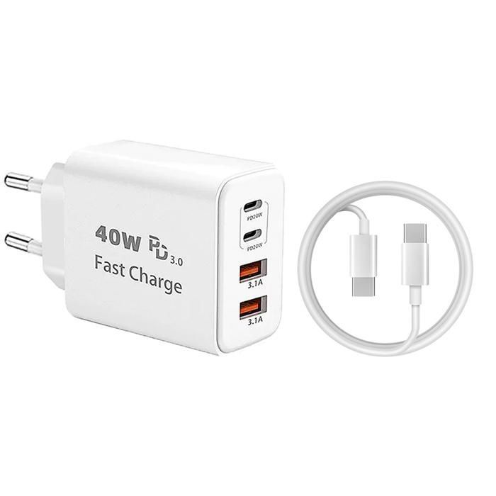 Chargeur USB-C 40W 4 Ports Rapide - Compatible IPhone, Samsung, IPad - Neuf Avec Câble