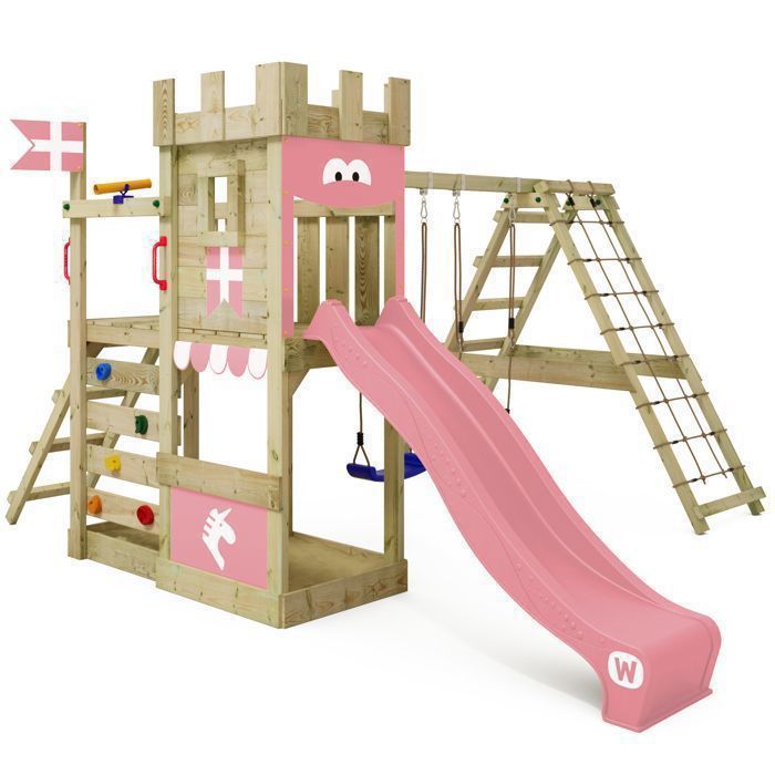 Aire de jeux bois WICKEY DragonFlyer Flyer XXL avec double balançoire toboggan 220 cm rose pastel – 10 ans de garantie*