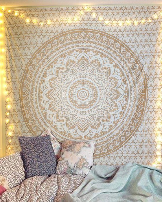 Tapisserie blanc doré - Tenture murale Ombre - Mandala drap mural golden mandala tapestry pour déco murale lit et rideau