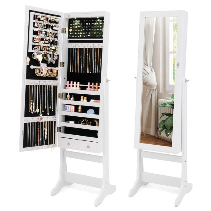 GOPLUS Armoire à Bijoux avec Miroir Pleine Longueur Angles Inclinables Réglables Lumières LED Intégrées Crochets 2 Tiroirs Blanc