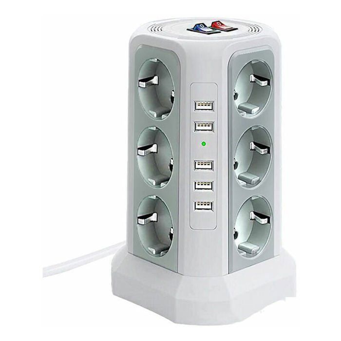 Multiprise Parafoudre avec 5 Ports USB et 12 Prises 2 Interrupteurs Blanc