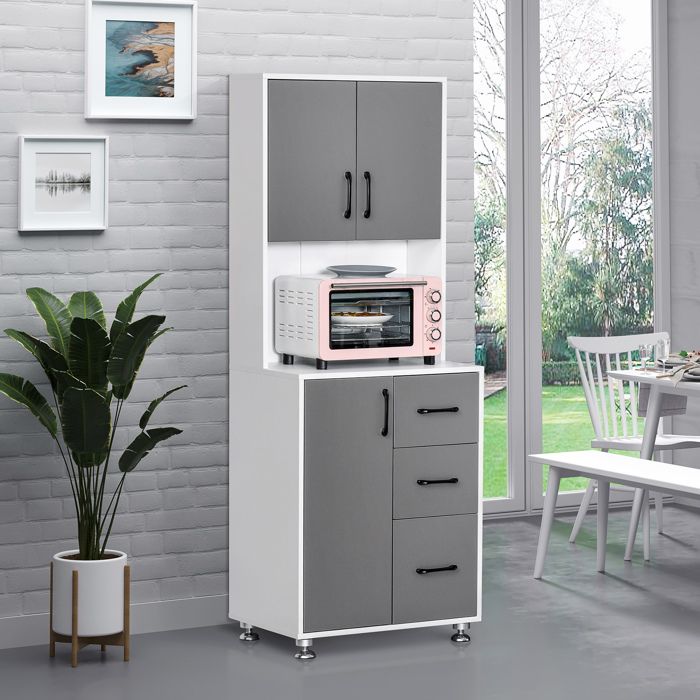 Armoire de cuisine multi-rangements 2 + 1 porte 3 tiroirs + grand plateau dim. 60L x 40l x 150H cm bicolore gris blanc