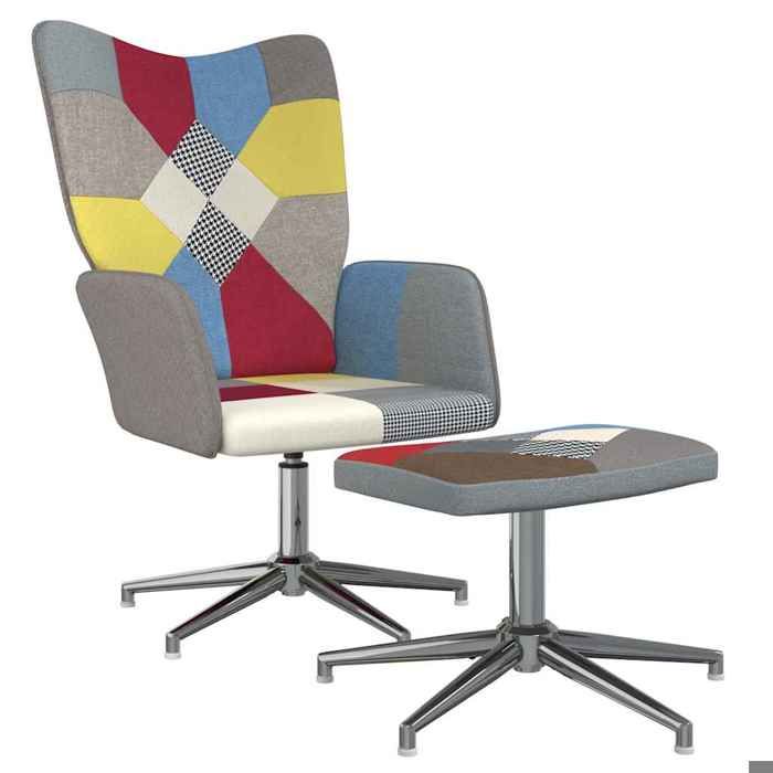 Chaise de relaxation avec tabouret - JILL - Patchwork multicolore - Tissu polyester - Pivotement 360° - 62x68x98 cm