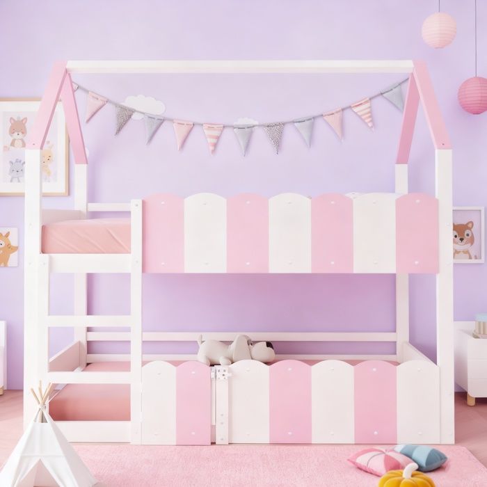 Lit superposé enfant 90x200 Lit double avec barrière de sécurité et escaliers Sommier à lattes en bois Matelas non inclus Rose