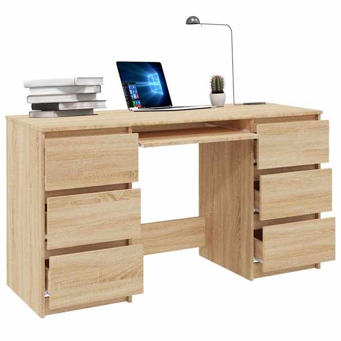 Bureau en bois dingénierie - CLARENCE - Chêne sonoma - 140x50x77 cm - 6 tiroirs - Facile à nettoyer - Assemblage requis