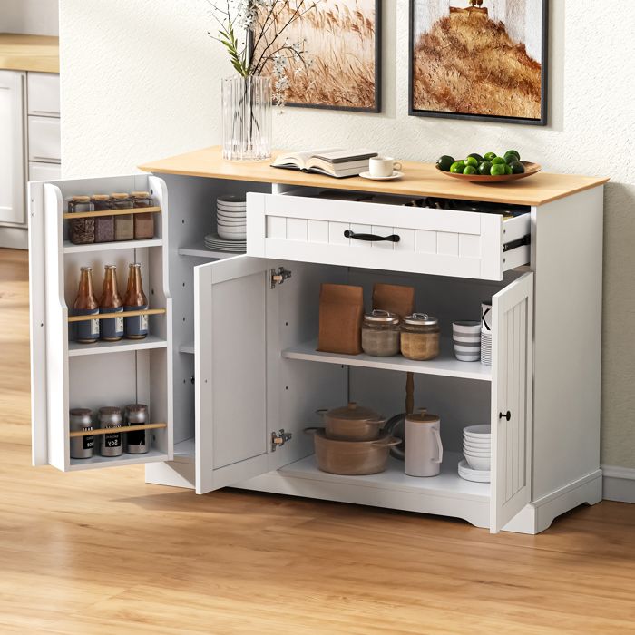MODENUIT Buffet 107x40x83.4 cm avec 3 portes 1 tiroir rangement moderne lignes verticales blanc et couleur naturelle