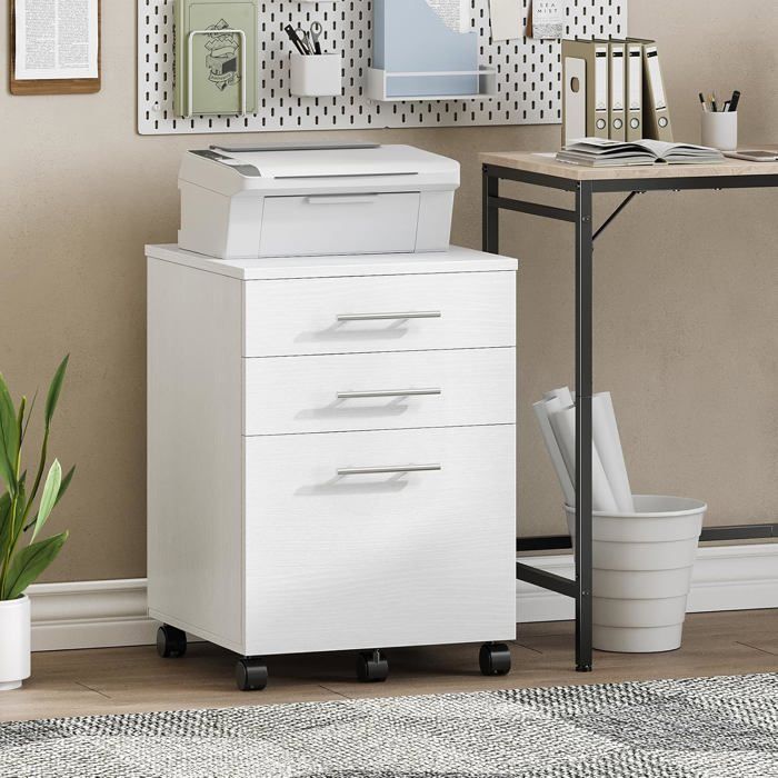 Caisson de Bureau 3 tiroirs-HOOBRO-Meuble de Rangement pour Dossier-Placard de Rangement Mobile avec 5 roulettes-Stable Blanc