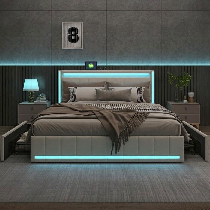 Structure de lit - SUNFECILI - SUNFECILI - 160x200 cm - 4 tiroirs - LED et USB