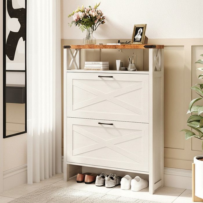 Meuble à Chaussures 2 Portes de Grange + 1 Étagère - ALIGHTUP - Étagère à Chaussures pour Entrée Couloir 80 x 25 x 115 cm Blanc