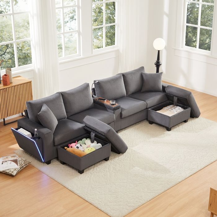 Canapé en Velours Côtelé en Forme de U avec 2 Tabourets Lampe de Lecture Plateau Pliant Porte-gobelet et USB/Type-C LED Gris
