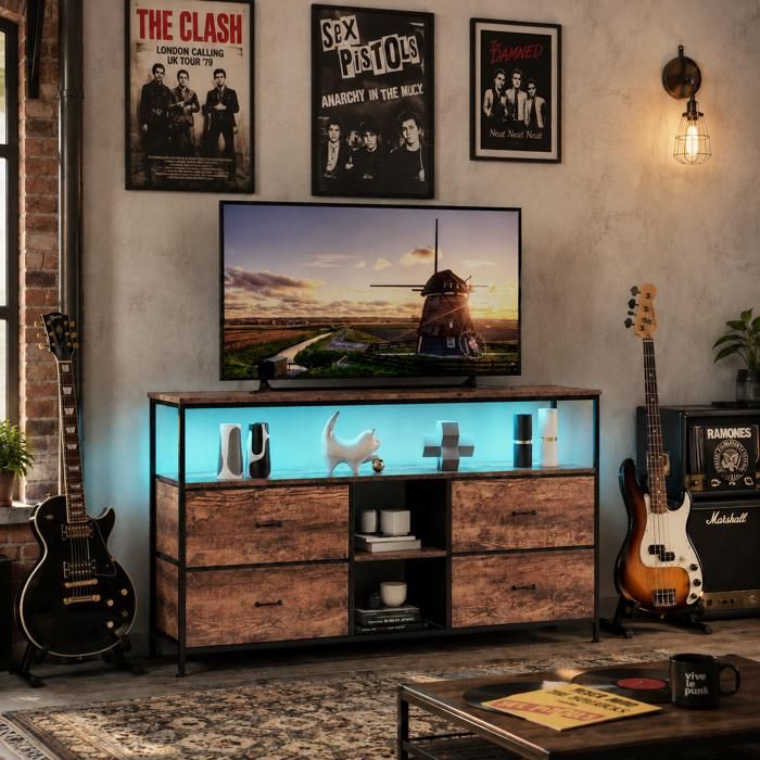Meuble TV LED Meuble TV haut 137 cm Table TV 4 tiroirs en tissu étagères ouvertes rangement structure acier 137×30×78 Marron