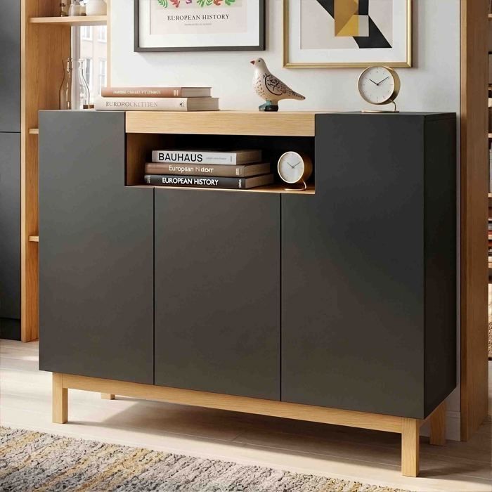 Buffet 120.5 x 42 x 96 cm - 3 Portes & Niche Ouverte - Rangement Moderne Scandinave - PB Noir & Bois
