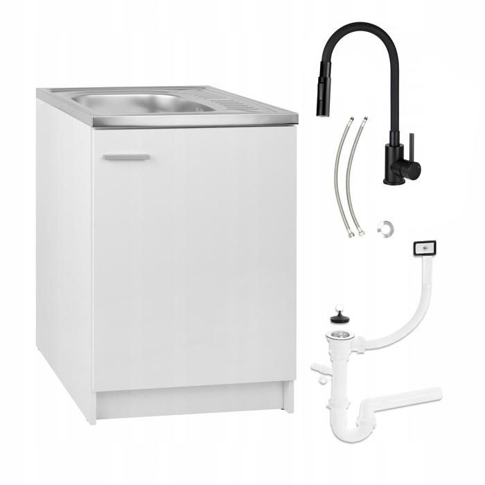 STAMAR Meuble sous Évier 60 cm Blanc + Évier Deante Inox + Robinet Extensible 2-en-1 Noir + Siphon LV - 60x50x82 cm