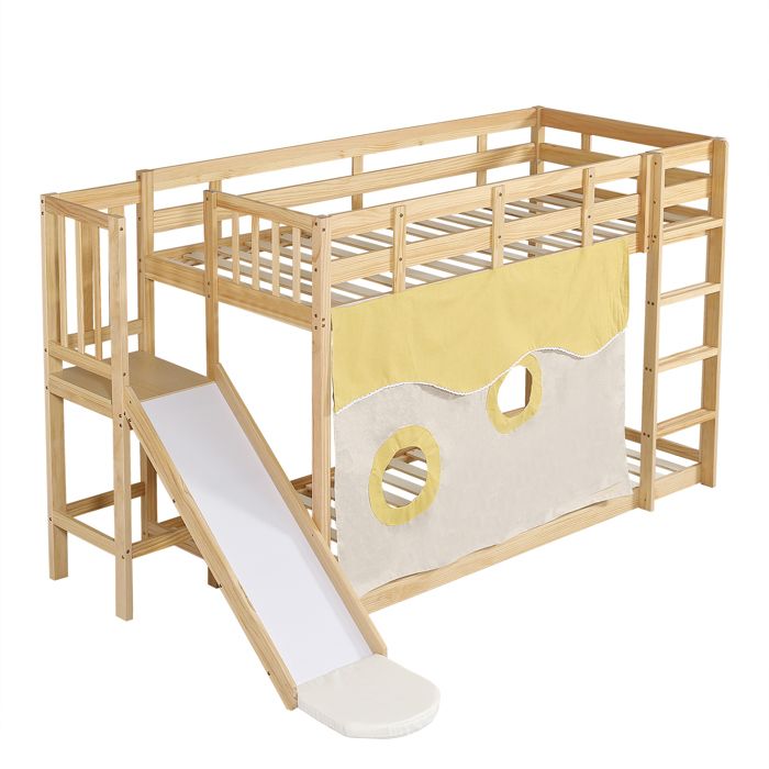 Lit Superposé Enfant 90x200 cm avec Toboggan Escalier et Barrières Lit Sécurisé Sans Matelas MDF Pin