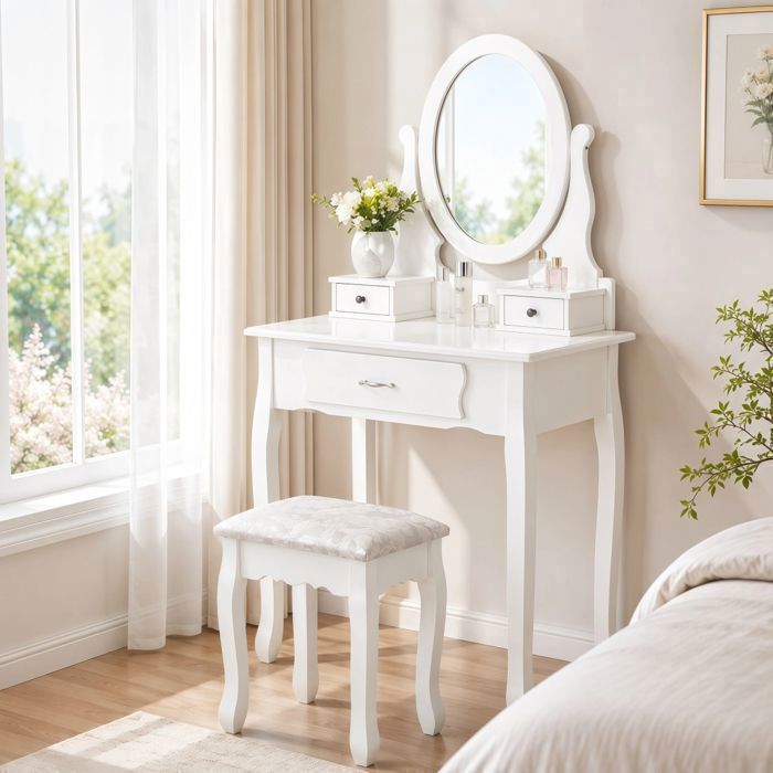 Coiffeuse Blanche avec Miroir Rotatif à 360° et Tabouret Rembourré Table de Maquillage avec Tiroir de Rangement pour Chambre