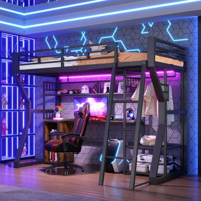Lit mezzanine enfant gaming 90x200cm Lit simple en fer avec bureau armoire ouverte étagères éclairage LED ports USB  - noir
