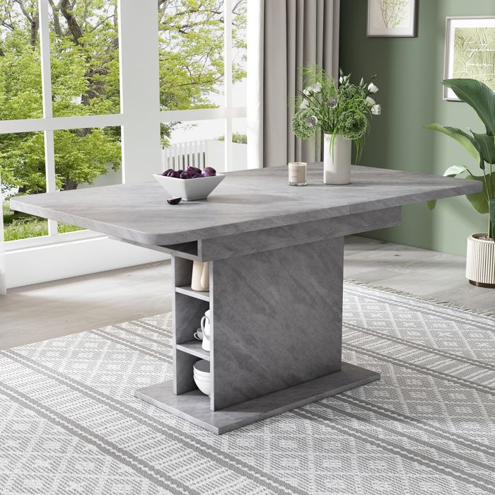 Table à manger - Extensible rectangulaire effet béton - Gris - Panneau de particules & métal - Charge 60 kg