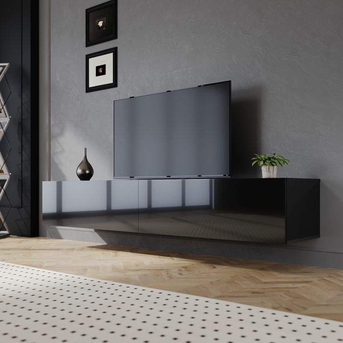 Meuble TV à poser ou à suspendre - SIRHONA - 180 cm - panneaux UV haute brillance noir - rangement avec 2 portes - longueur 180 cm