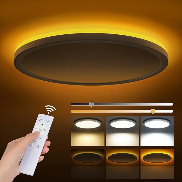 Plafonnier LED dimmable 24W télécommande panneau 3000K-6500K + veilleuse 1800K ultra fin Ø40cm pour chambre ou salon b PLAFONNIER