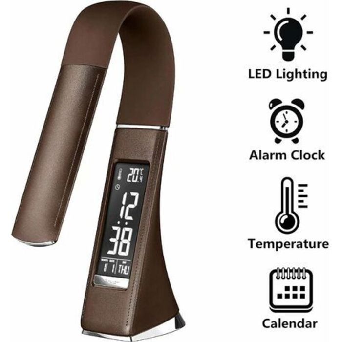 Lampe bureau avec écran dimmable réveil calendrier température 3 niveaux luminosité tactile marron classe A