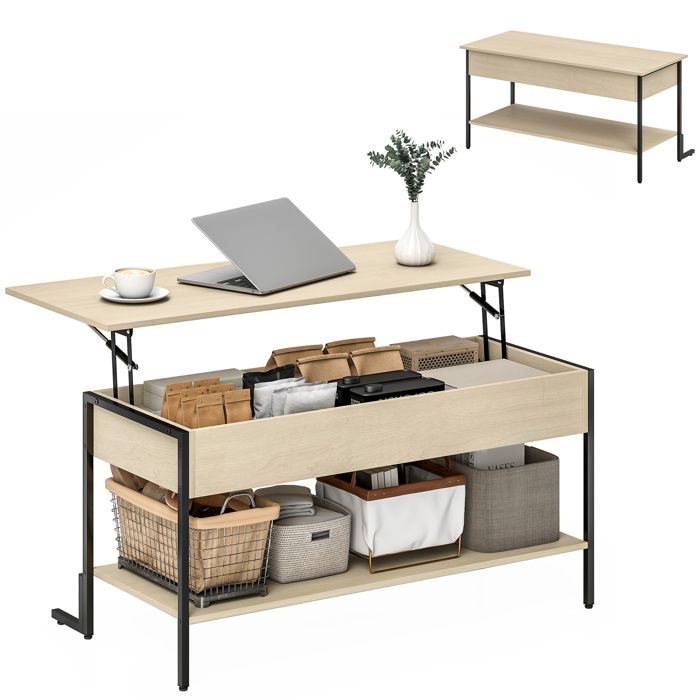 Table basse relevable avec rangement compartiment caché et étagère ouverte effet bois et cadre métal noir style industriel salon