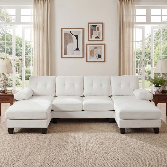 Bladez - Canapé U 4 places avec double chaiselongue assise profonde et coussins idéal pour famille et salon moderne - Beige